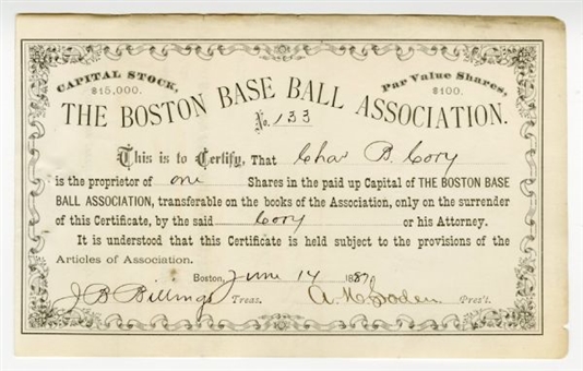 1887 Boston Base Ball Association Stock Certificate   